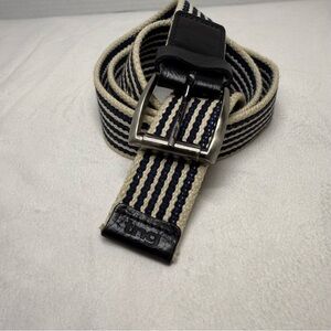 TNG Men's Black and Cream Striped Belt, Leather Accents, Size